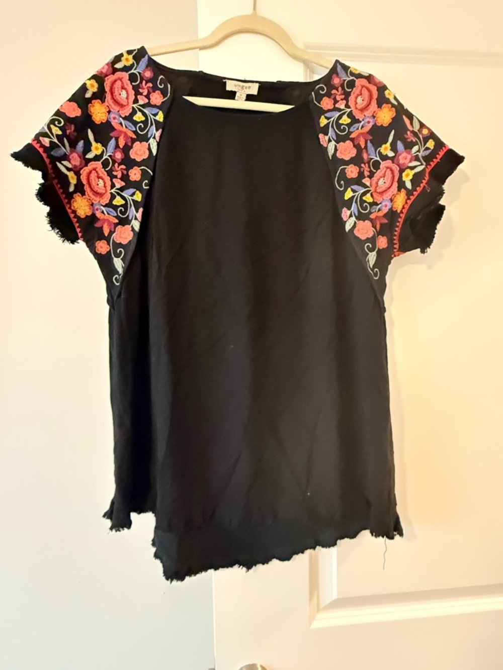 Umgee Black Short Sleeve Top with Multicolor Floral Embroidery